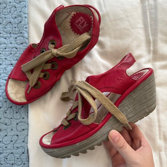 FLY LONDON Yiva Red Leather Wedge Size 37 casual open toe - Picture 1 of 6
